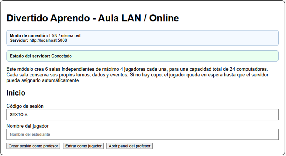 Pantalla inicial del aula LAN y online
