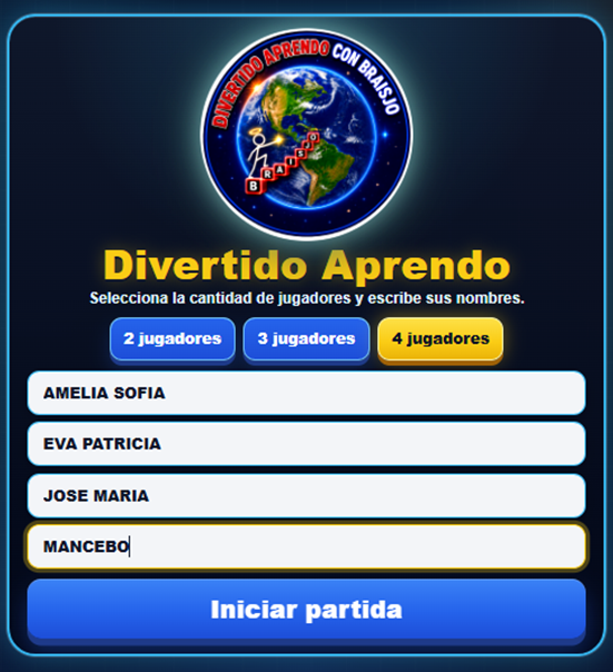 Nombres de los jugadores antes de iniciar partida