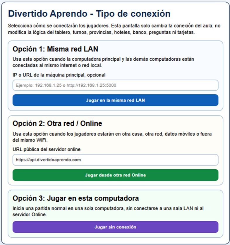 Pantalla de selección del tipo de conexión